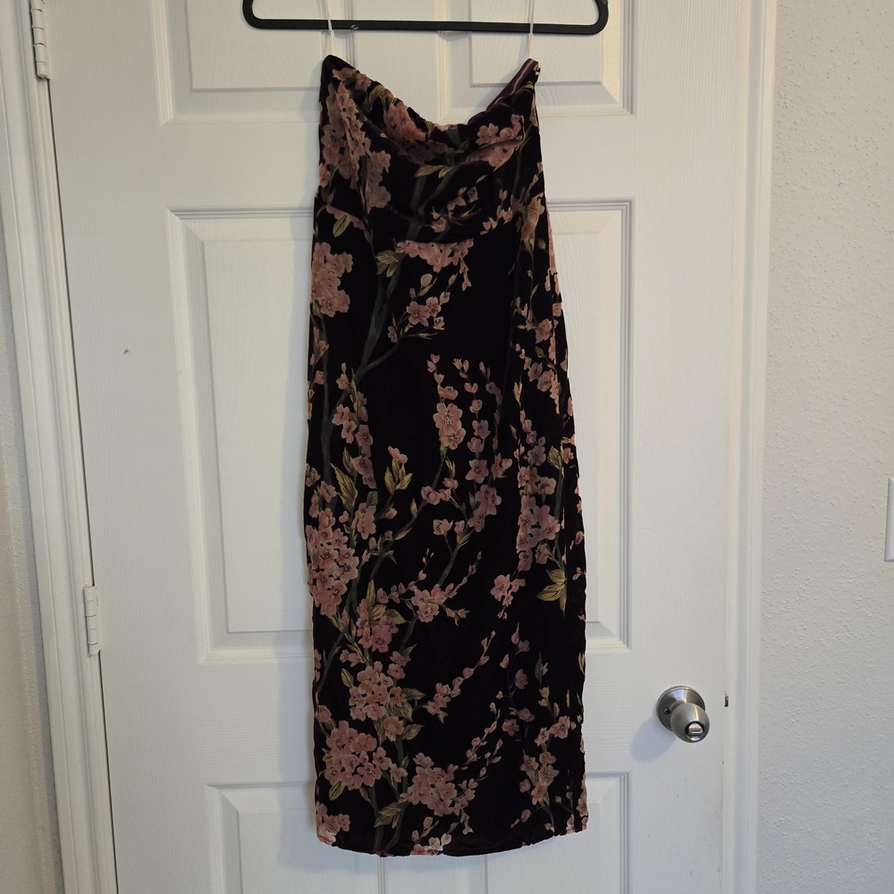 Lulus Strapless Velvet Dress with Pink Floral on Black - Picture 3 of 6